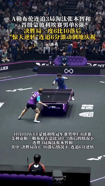 法国蒙彼利埃冠军赛男单16强赛刚打完，日本选手张本智和2-3输给东道主大勒布伦，