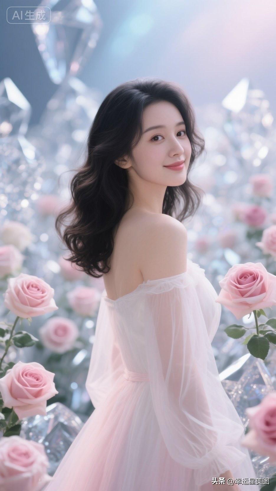 梦幻花海中的甜美少女，温柔微笑，如梦如幻。