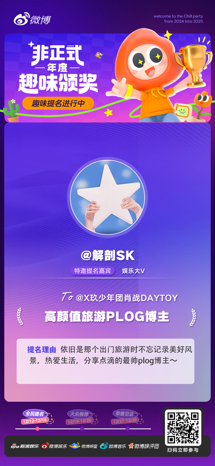 非正式年度趣味颁奖 我要提名为「最帅旅游PLOG博主」。 推荐理由：依旧是那个出