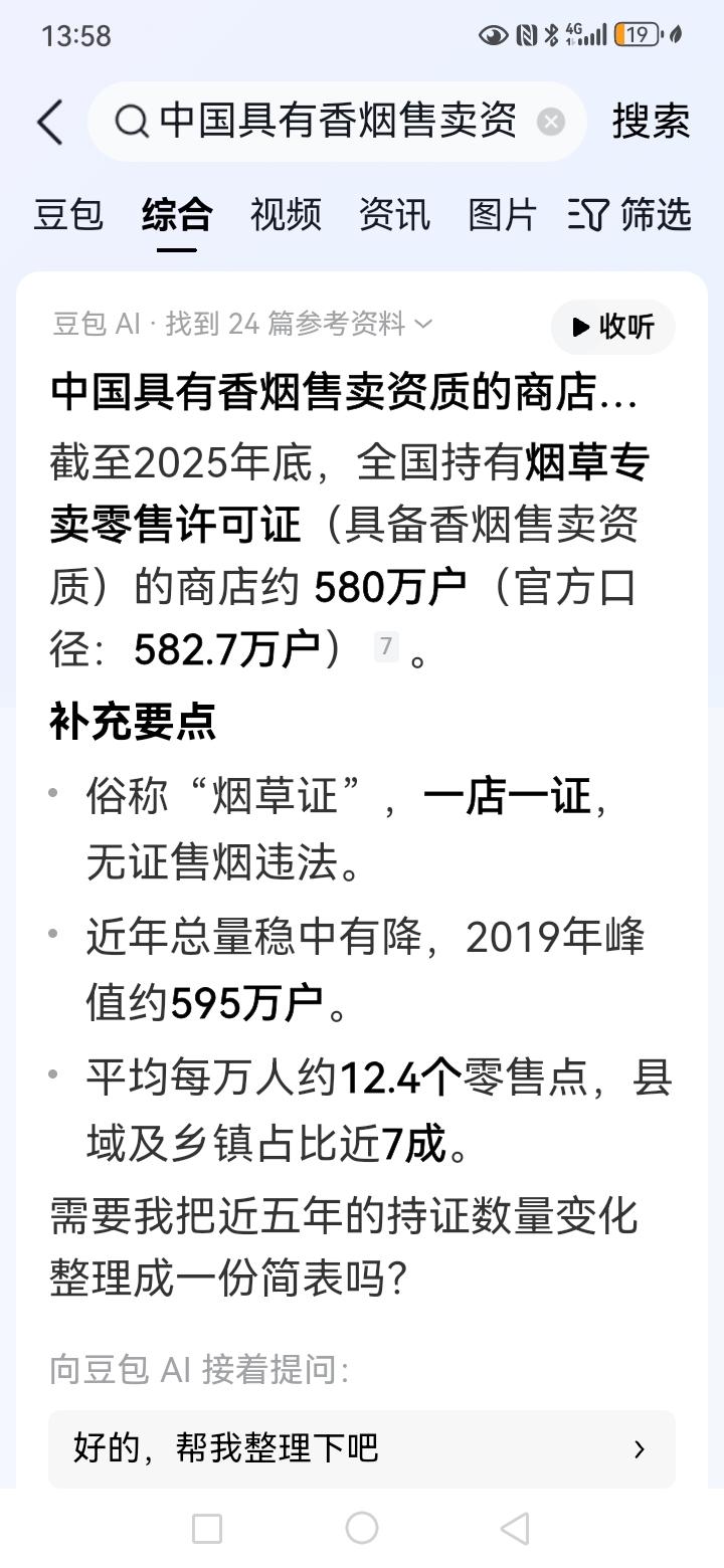 我刚查了一下资料，中国有香烟售卖资质的个体商店有多少呢？有580万户，注意单位是