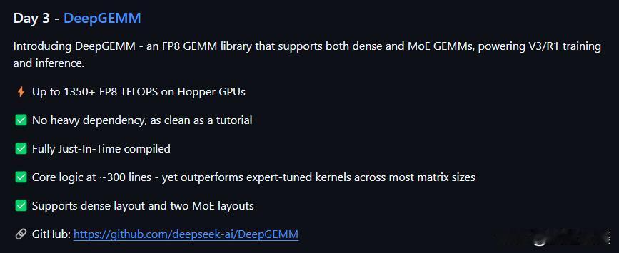 ⭕DeepSeek如约公开了第三个法定：DeepGEMM（深度通用矩阵乘法库）一