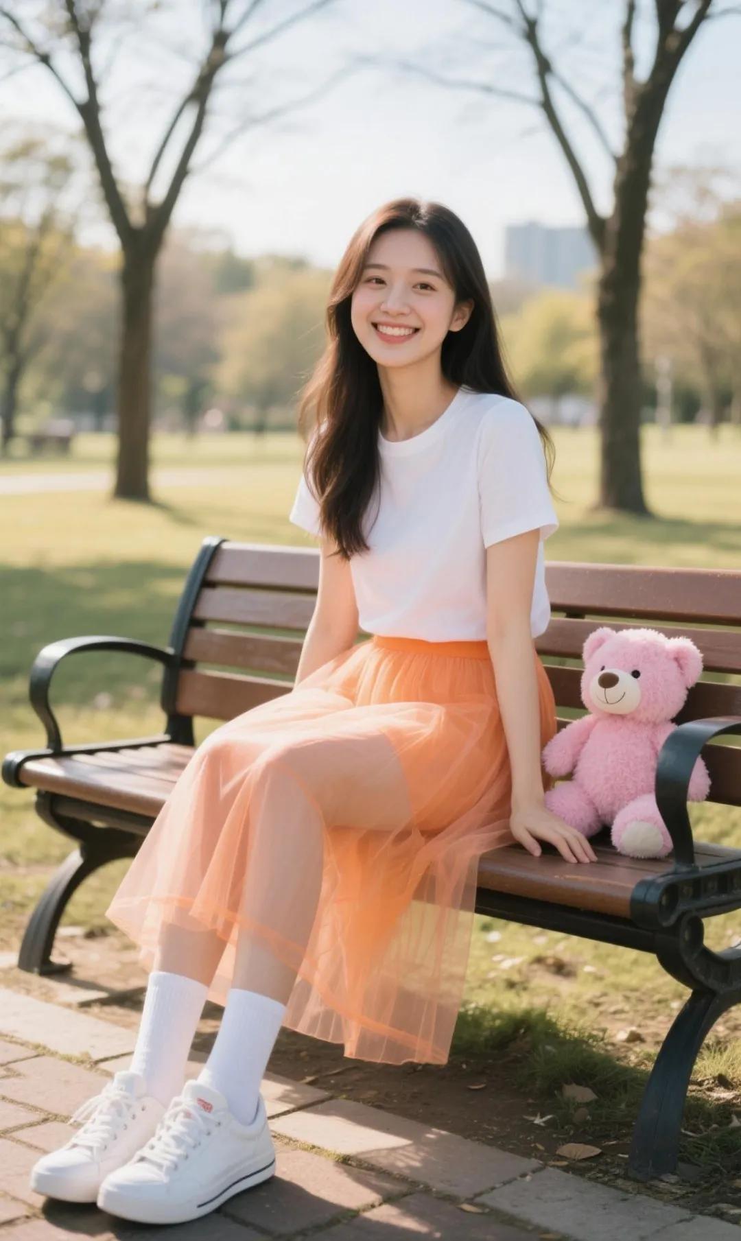 阳光明媚，女孩坐在长椅上，笑得真甜。