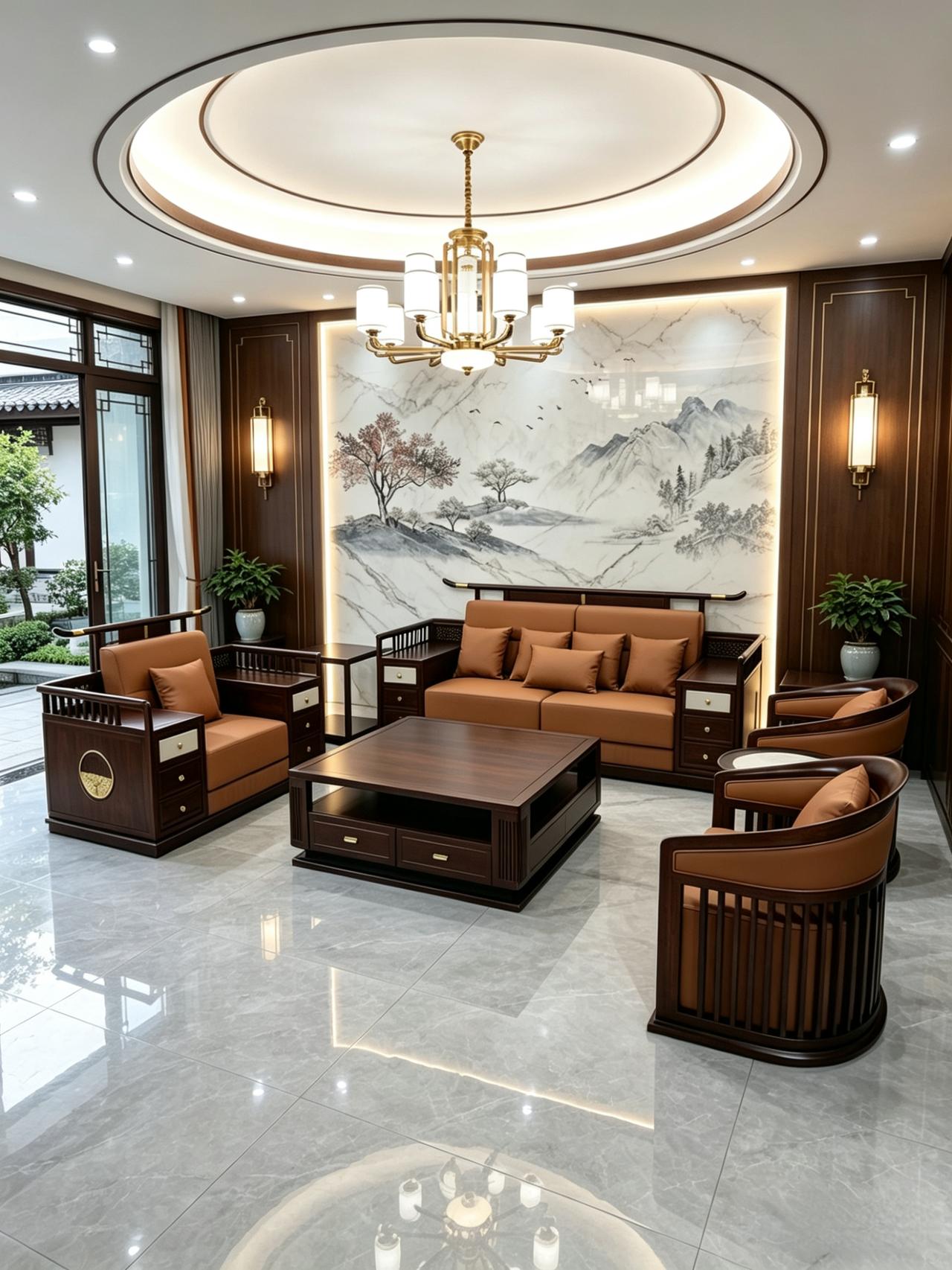 新中式客厅风格装修 新中式家具 新中式沙发 全屋定制家具 客厅搭配