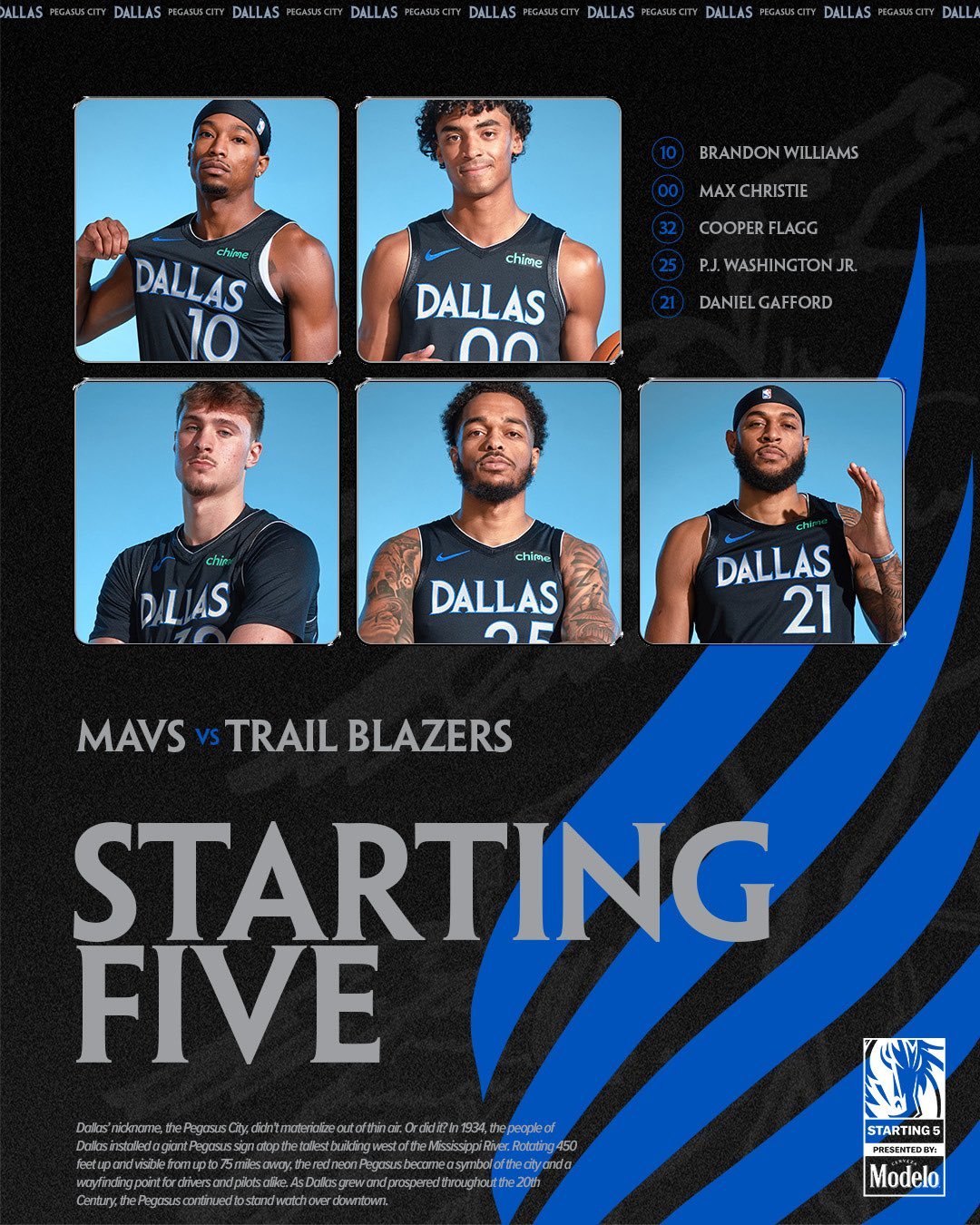 独行侠主场迎战开拓者。独行侠公布了本场首发阵容：布兰登·威廉姆斯、克里斯蒂、弗拉