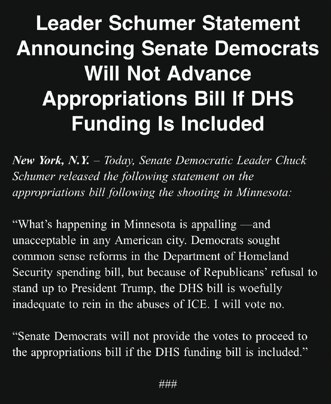 在今天明尼阿波利斯发生枪击事件后，参议院少数党领袖查克·舒默宣布，如果即将出台的