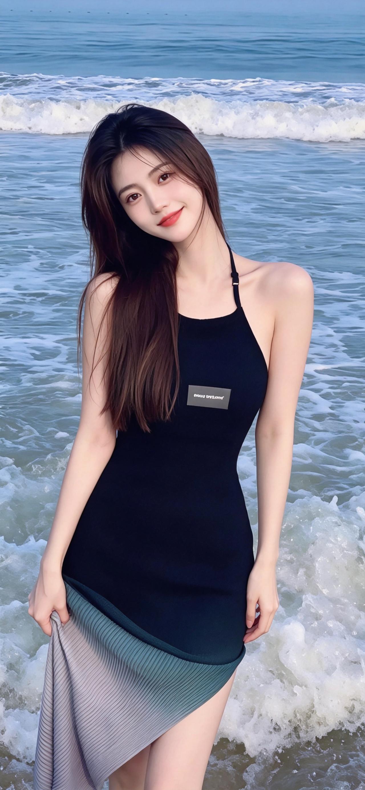 🌊 海边纯欲风
 海边氛围感｜黑裙与海浪的浪漫邂逅
蓝调海浪作衬，黑色挂脖连衣