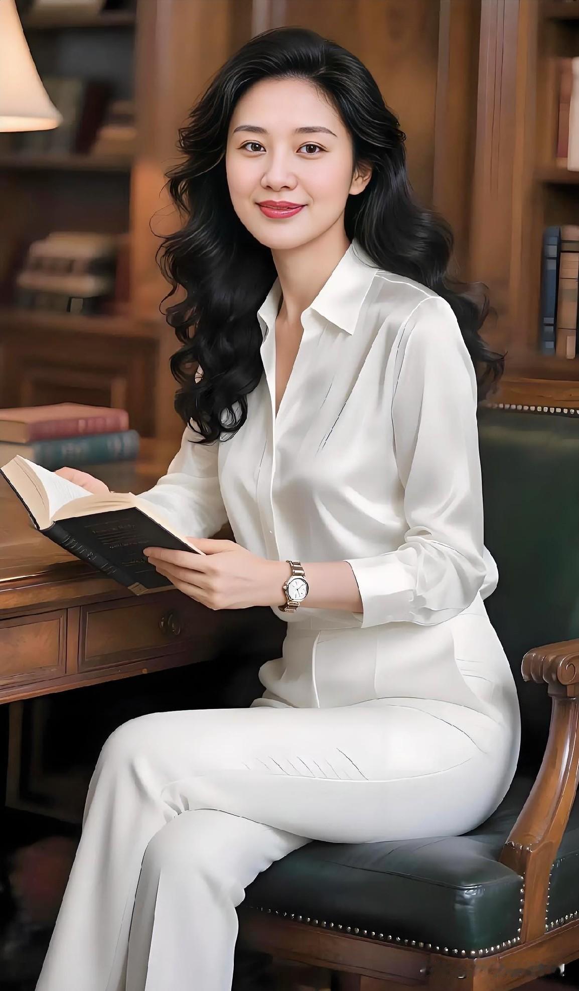 素衣翩跹，书香萦袖。她执卷而坐，温婉如玉，眼眸流转间尽是知性柔光。一室木色沉静，