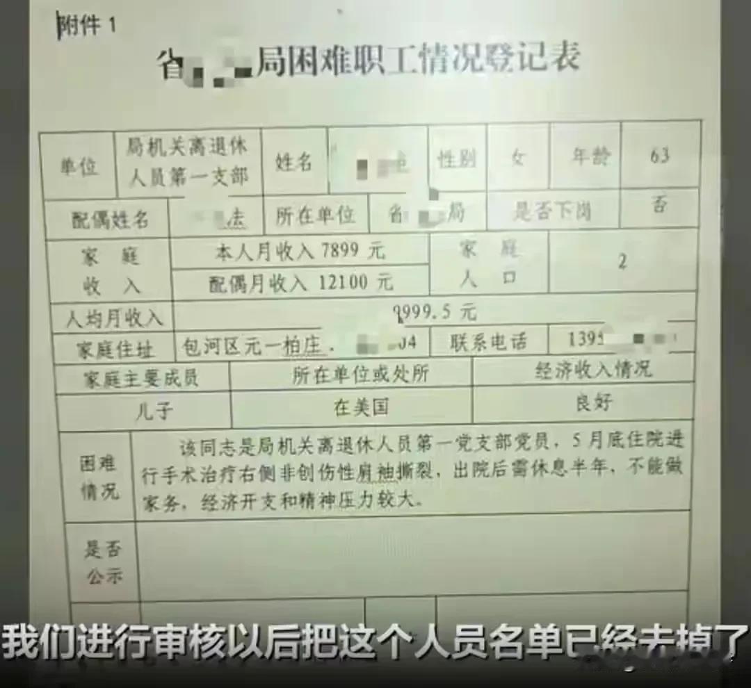 6月30日，安徽省药监局一名月收入7899元的退休女子填写困难职工登记表一事引发