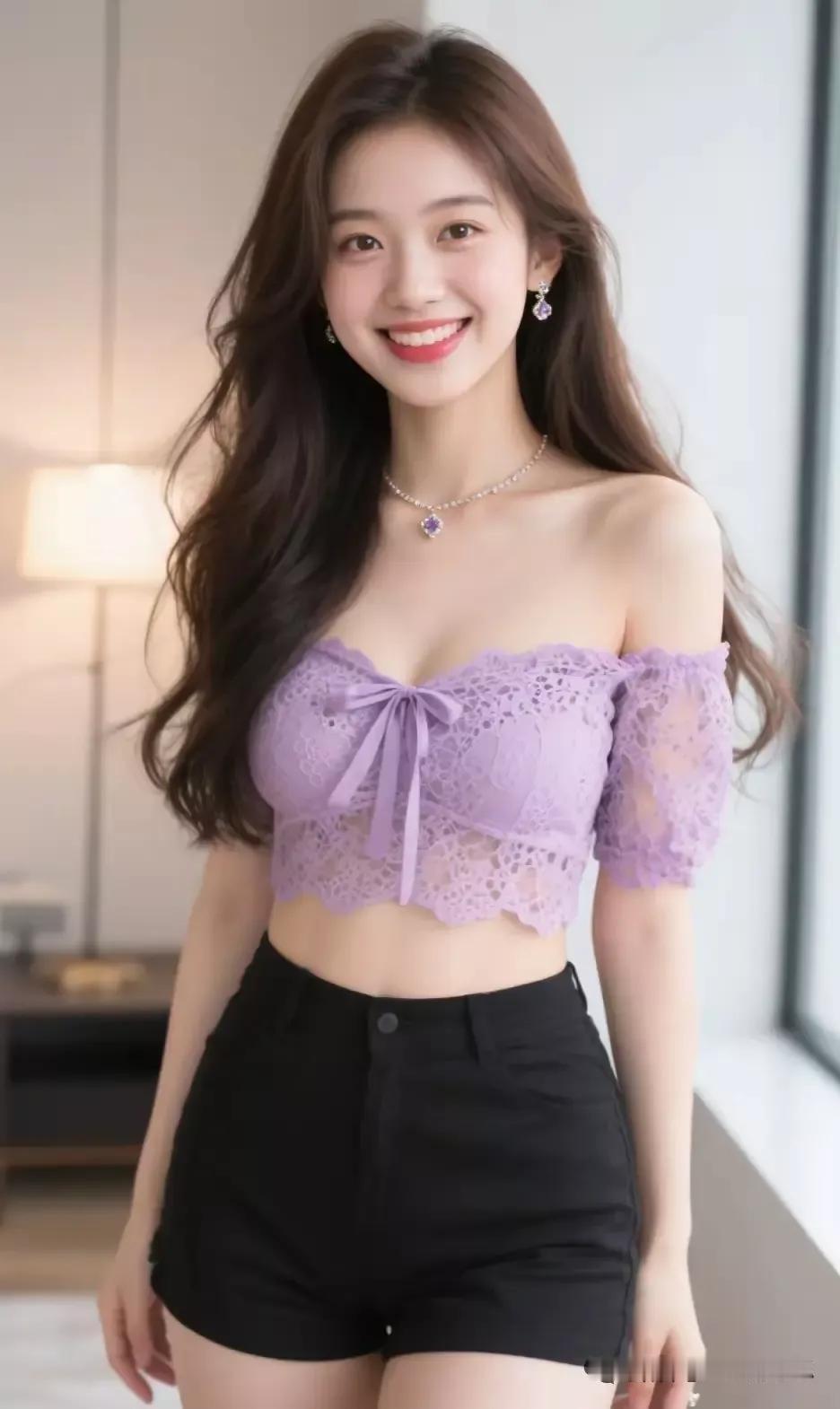 甜美少女风，紫色蕾丝上衣搭配黑色短裤，清新可爱。紫色裙子穿搭 紫色吊带套装裙 紫