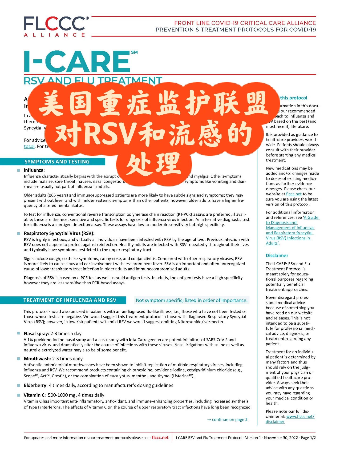 关于RSV和流感：借鉴FLCCC的方案