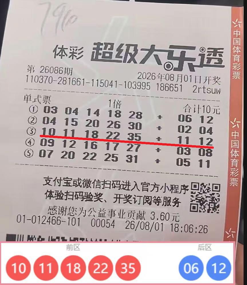 大乐透26086期开奖上演了一场有喜有憾的场面。选中了全部五个前区号码，拿下二等