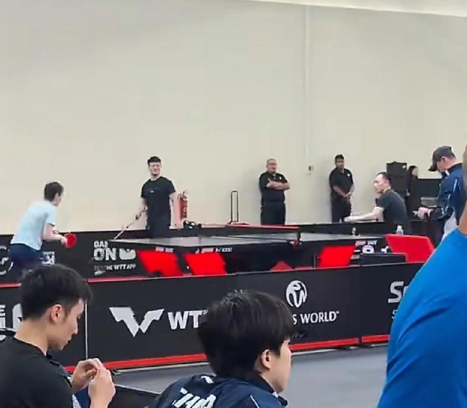WTT新加坡大满贯，王曼昱训练馆与任浩教练对练，任浩教练帮忙训练曼昱的正手拉下旋