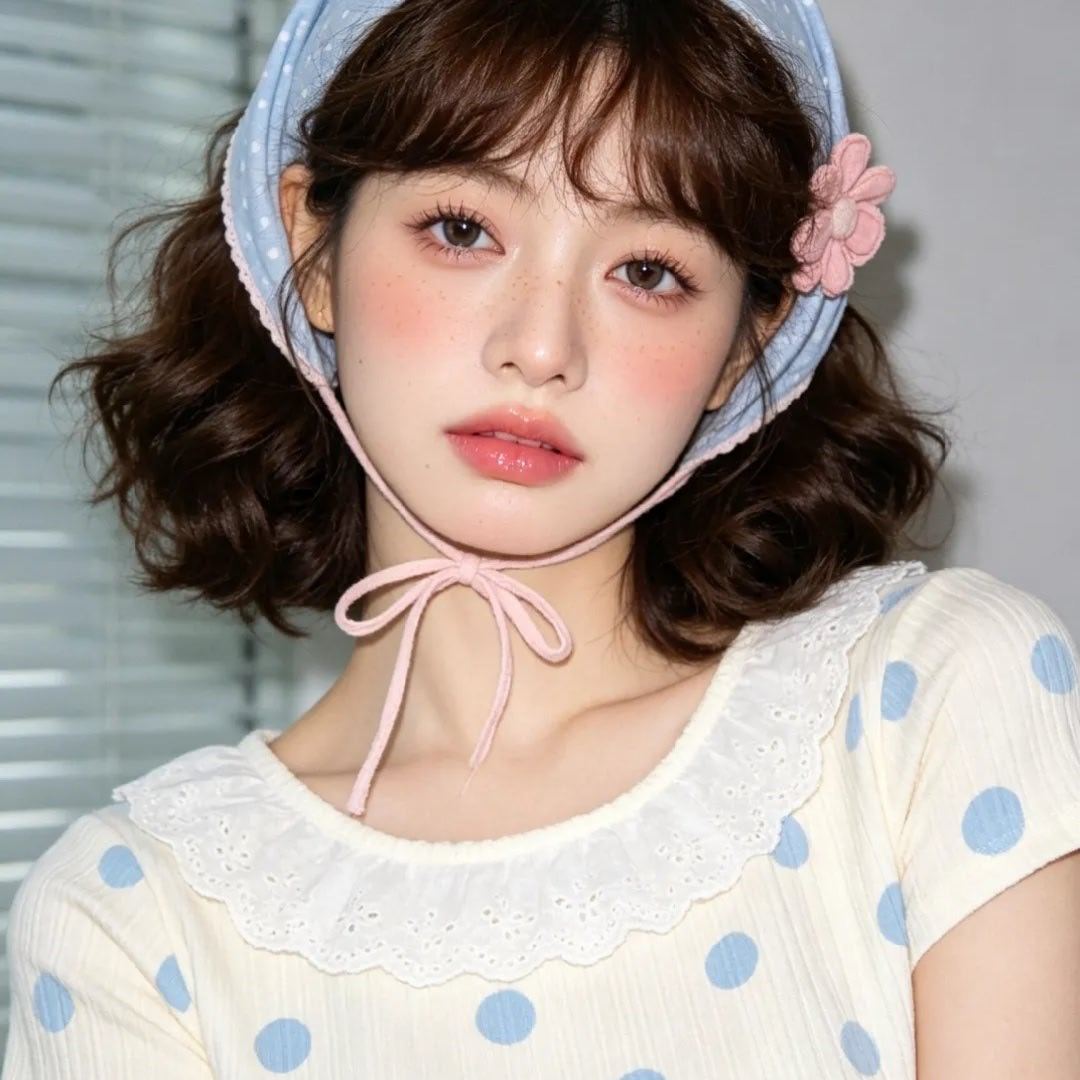 田园波点的头巾少女，元气雀斑嫩妹妆，清透水光伪素颜底状，干净柔和自带柔光粉调膨胀