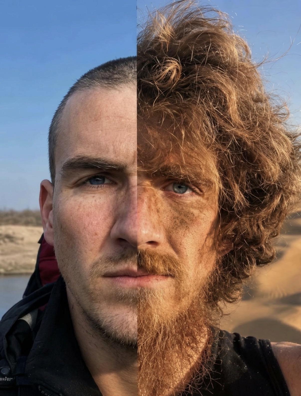 一位旅行者用一年时间徒步穿越中国，出发前和出发后的照片放在一起，胡子拉碴只是表象