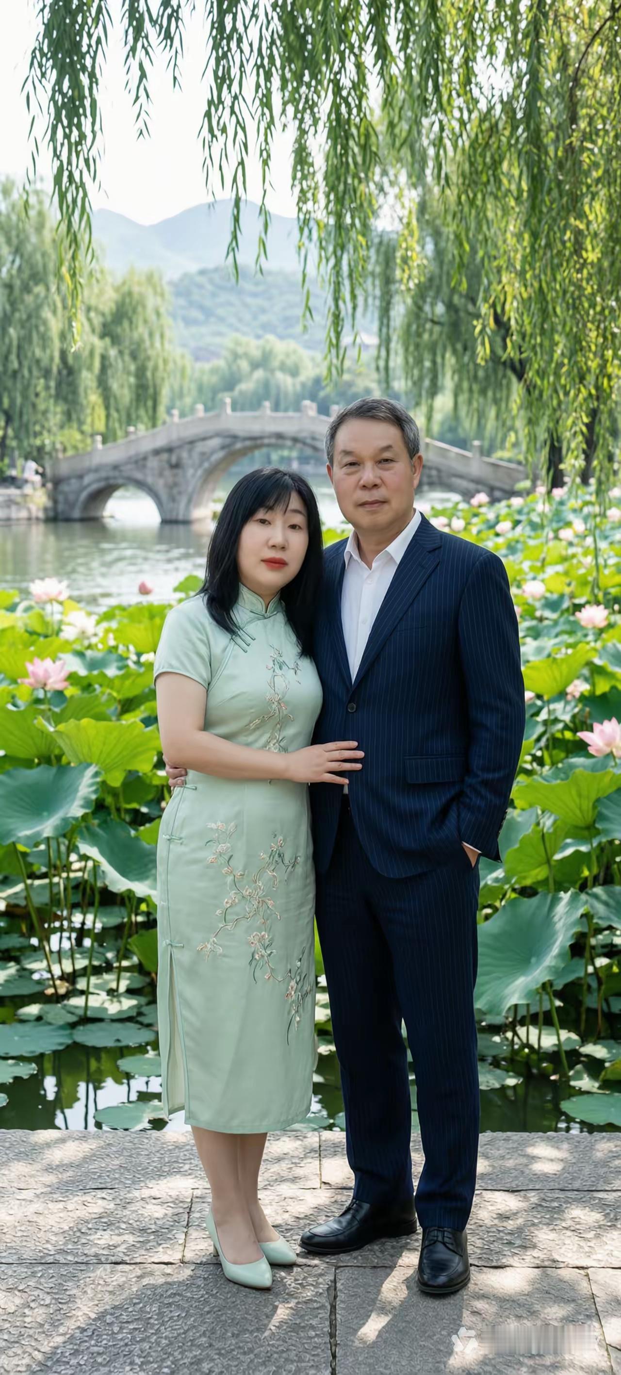 皓月映荷塘，
风吹阵阵香。
夫妻岸边站，
幸福照张相。