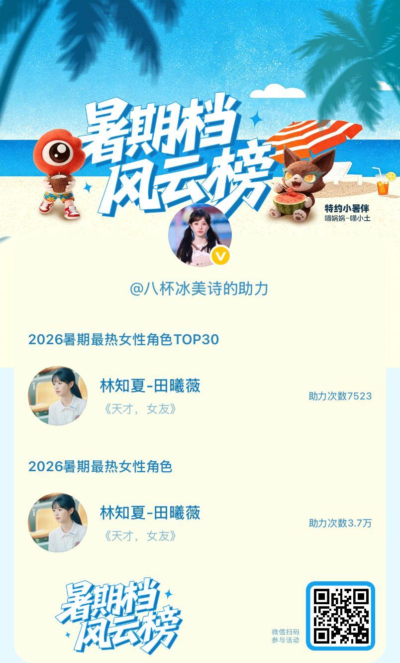 【暑期档风云榜】活动进行中，快来助力她成为今夏最热！2026暑期最热女性角色 暑