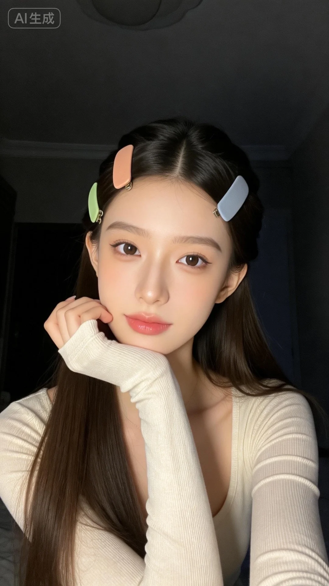 苹果手机17pro拍摄风格，画面主体是一个漂亮白皙很瘦少女，长发精致发...