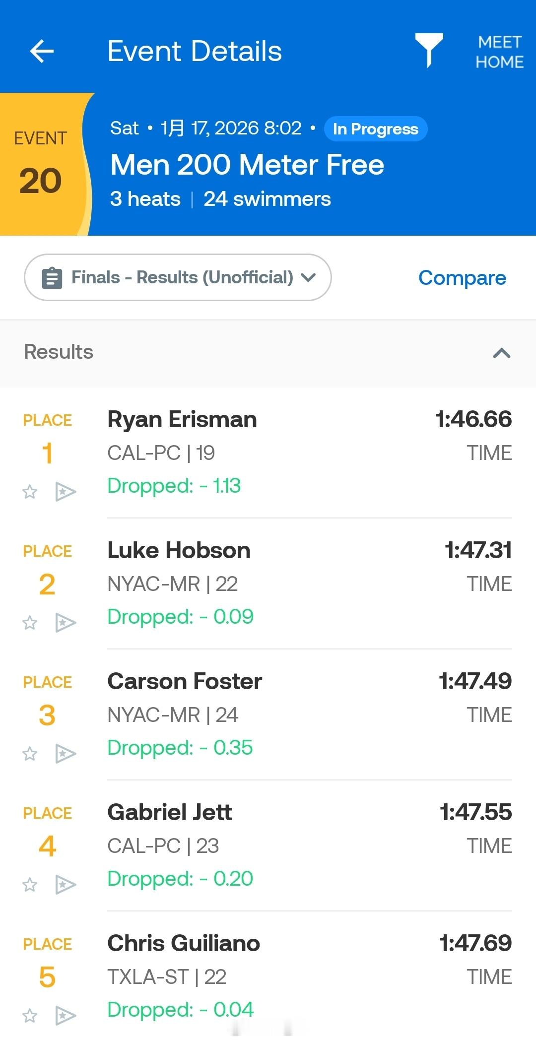 美国游泳系列赛奥斯丁站 男200自决赛Ryan Erisman 1:46.66H