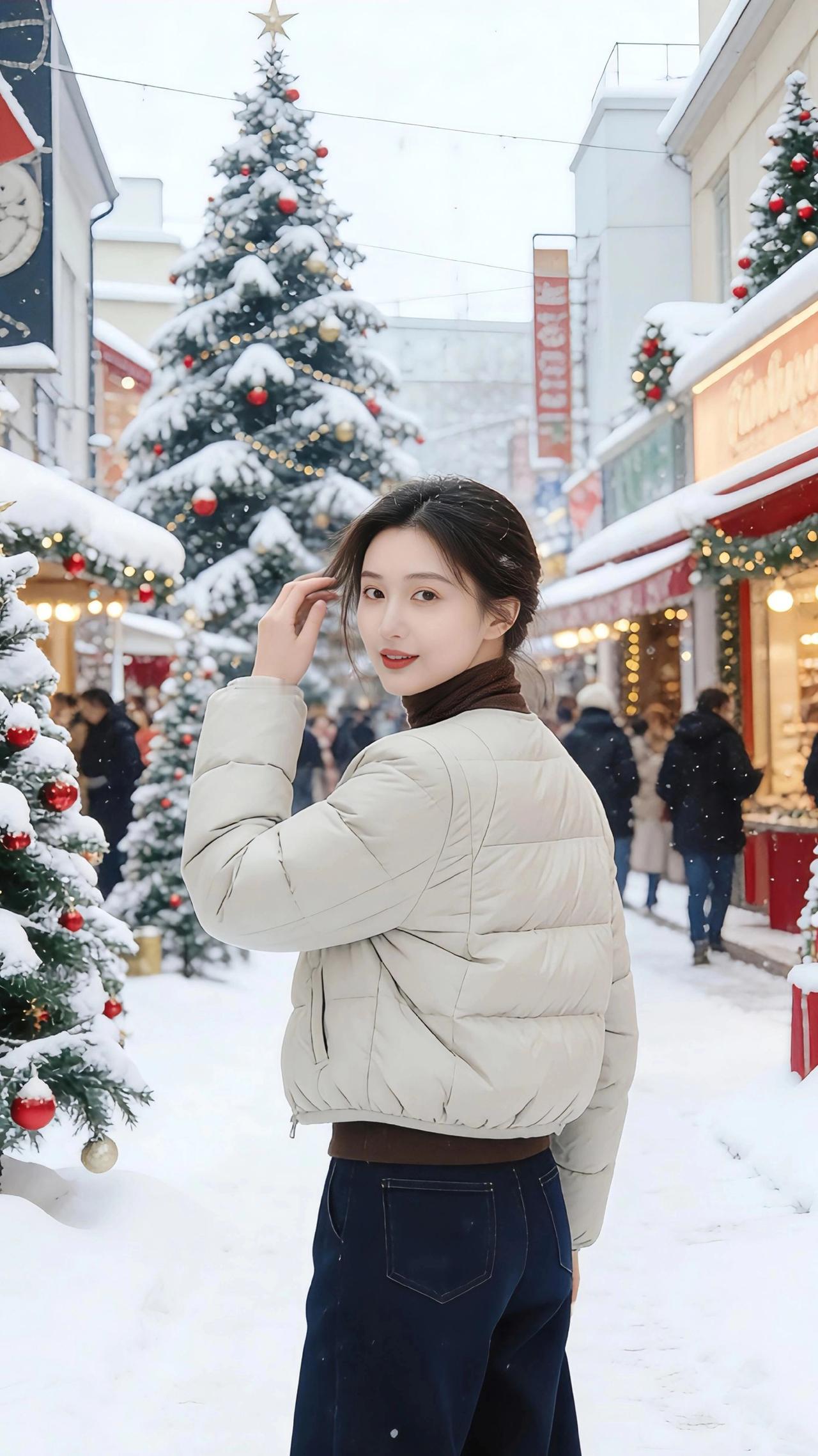 雪落进冬的褶皱里时，她正站在路灯与圣诞树之间。米白棉服裹着绒绒的暖，像把整季的月