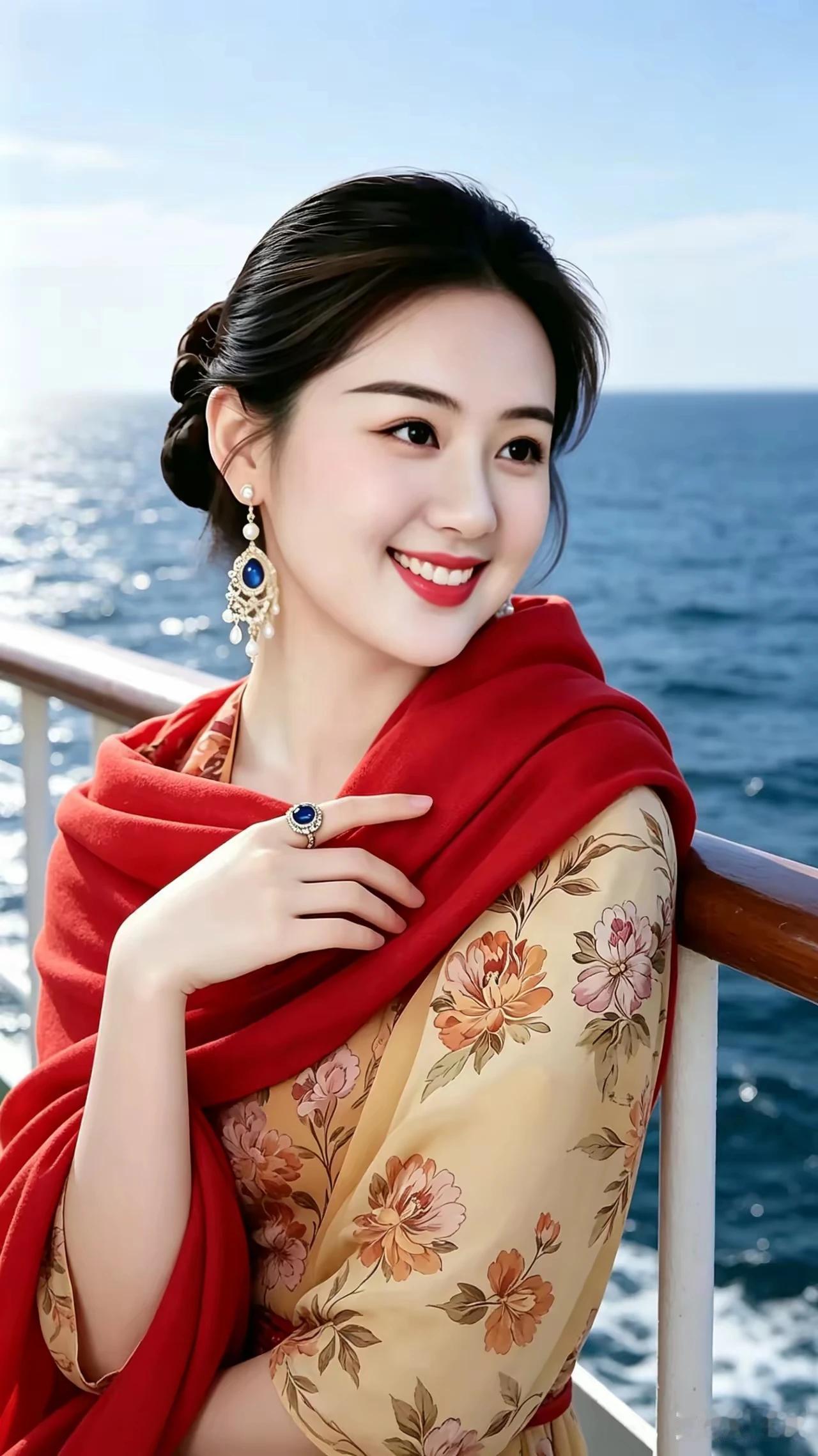 海畔佳人
  碧海凭栏坐玉人，
红巾漫卷染霞痕。
蓝珠缀耳添娇韵，
嫣然一笑阅君