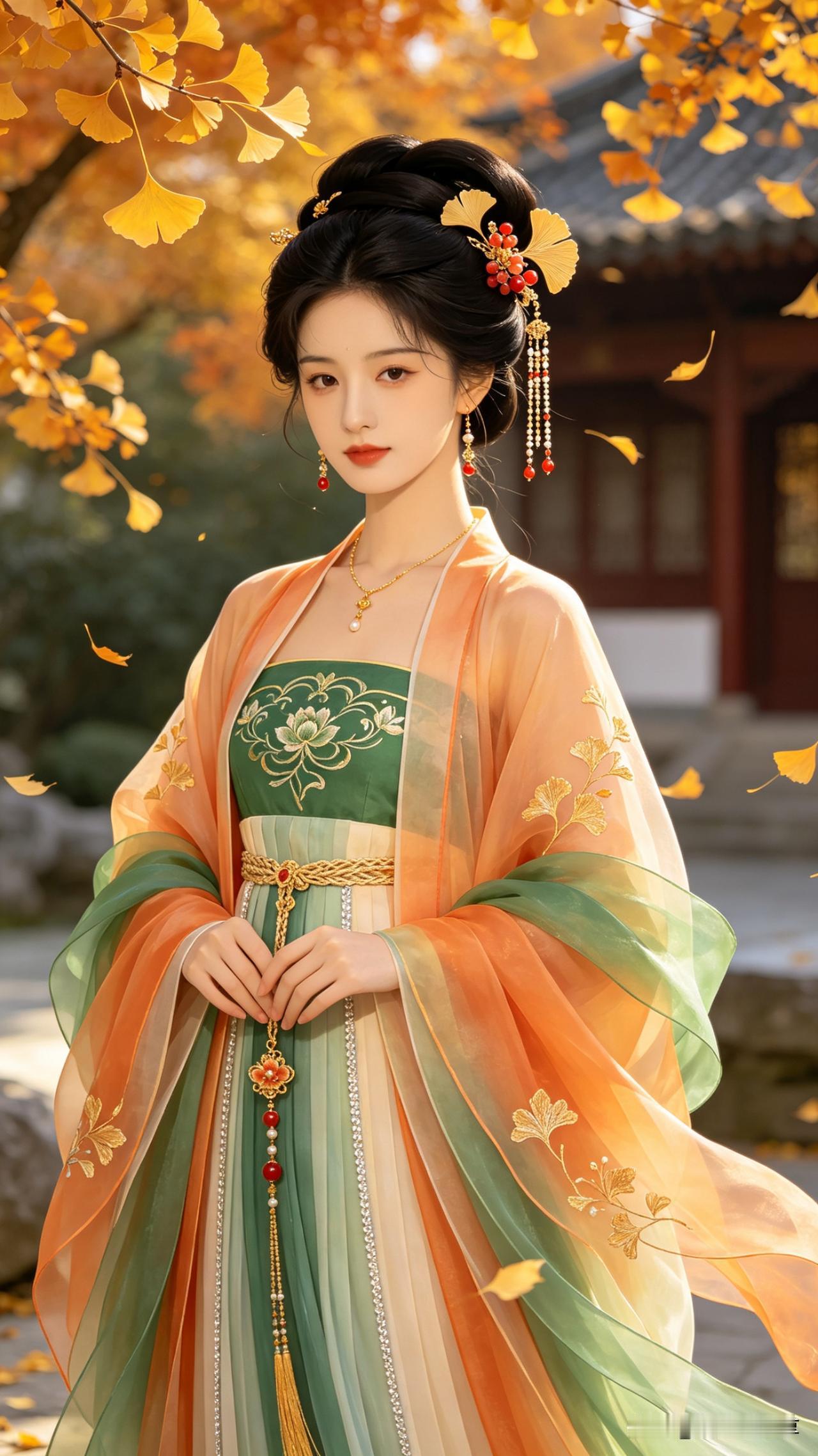 鹧鸪天·银杏秋妆

金扇翻飞染画堂，佳人独立晚风凉。
绿罗裙上绣莲蕊，橙透轻纱映