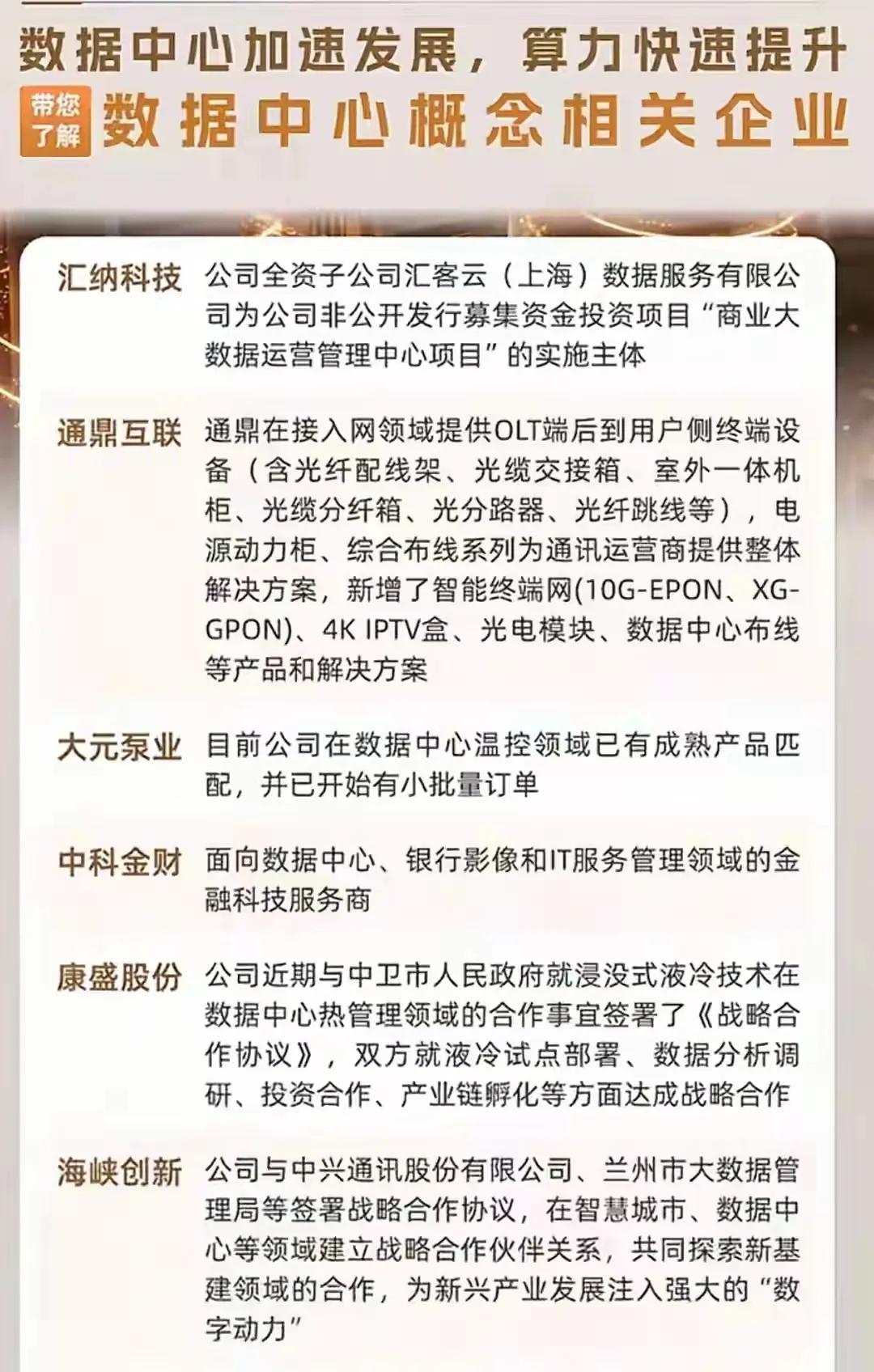 以下分别介绍了多家企业在数据中心及相关领域的业务布局和技术应用，内容涵盖数据中心
