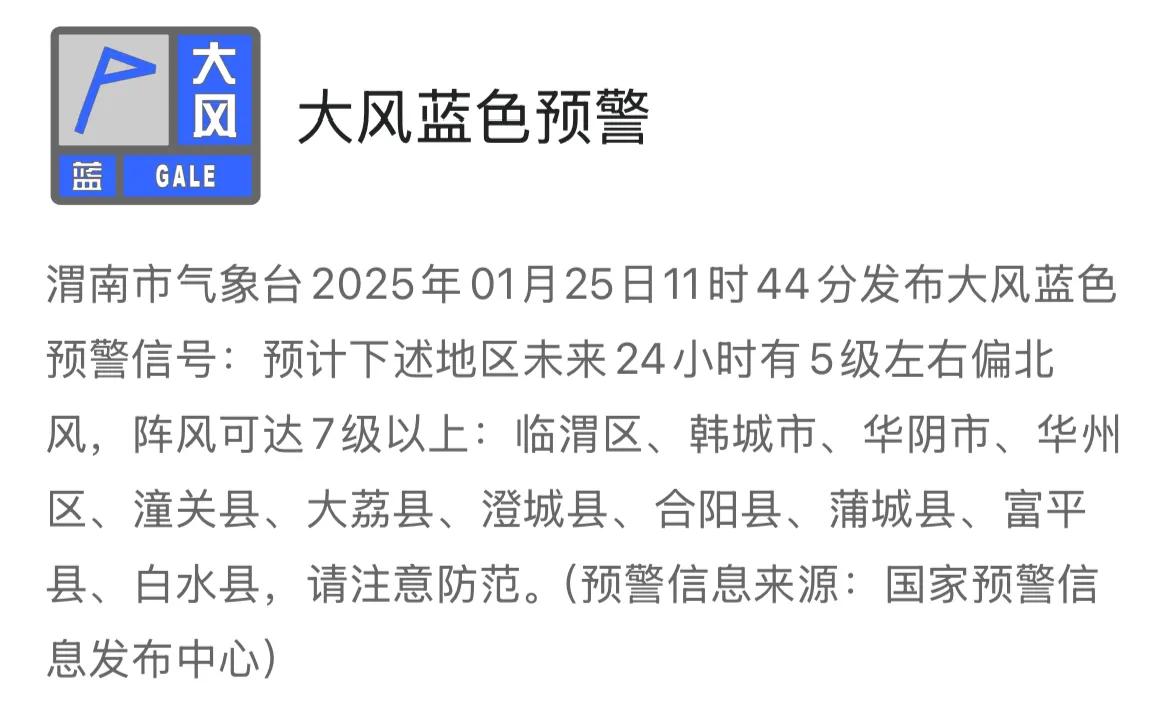 渭南市气象台2025年01月25日11时44分发布大风蓝色预警信号