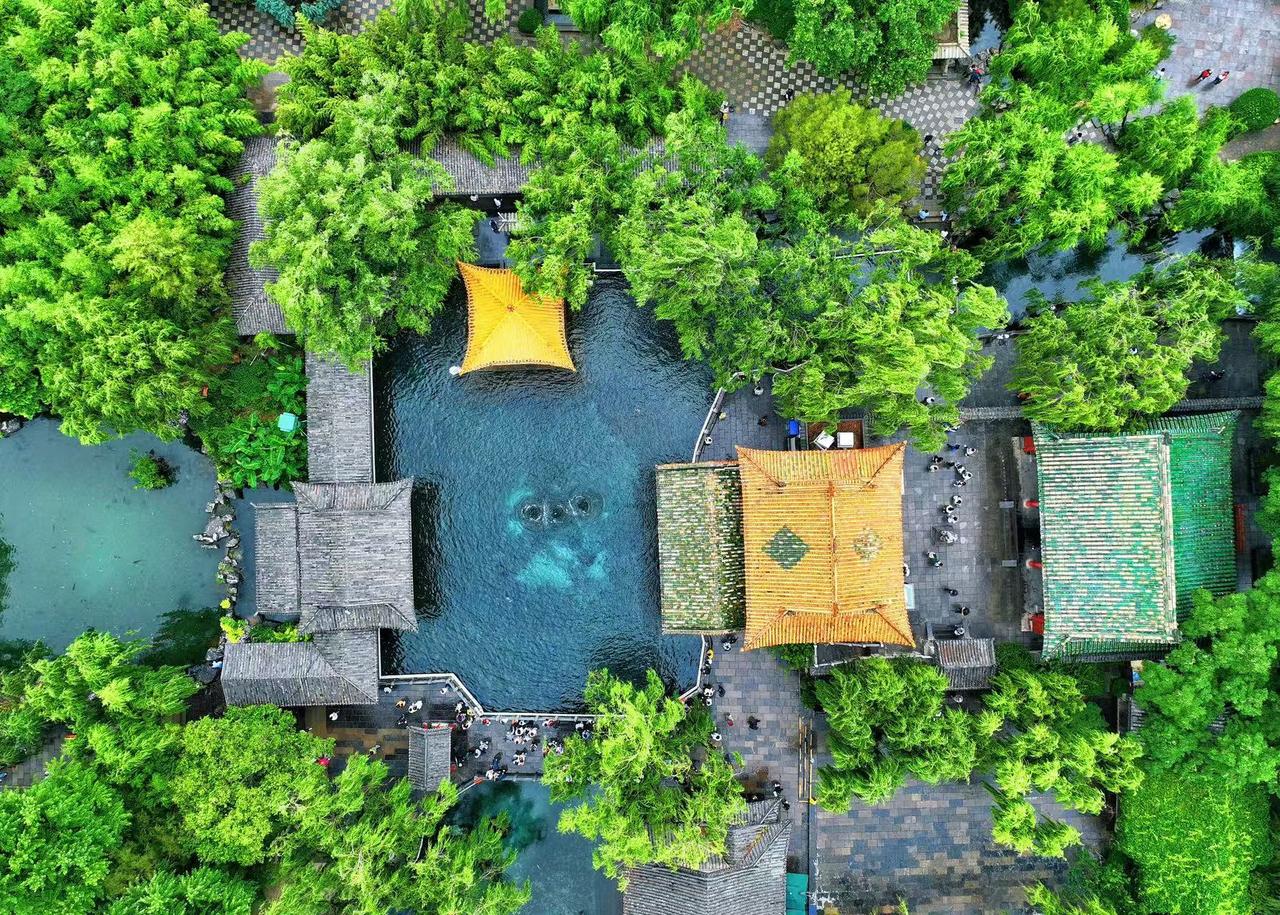 5月26日，雨水洗礼后的济南趵突泉公园满目清新翠绿，景致格外宜人，泉畔绿植褪去尘