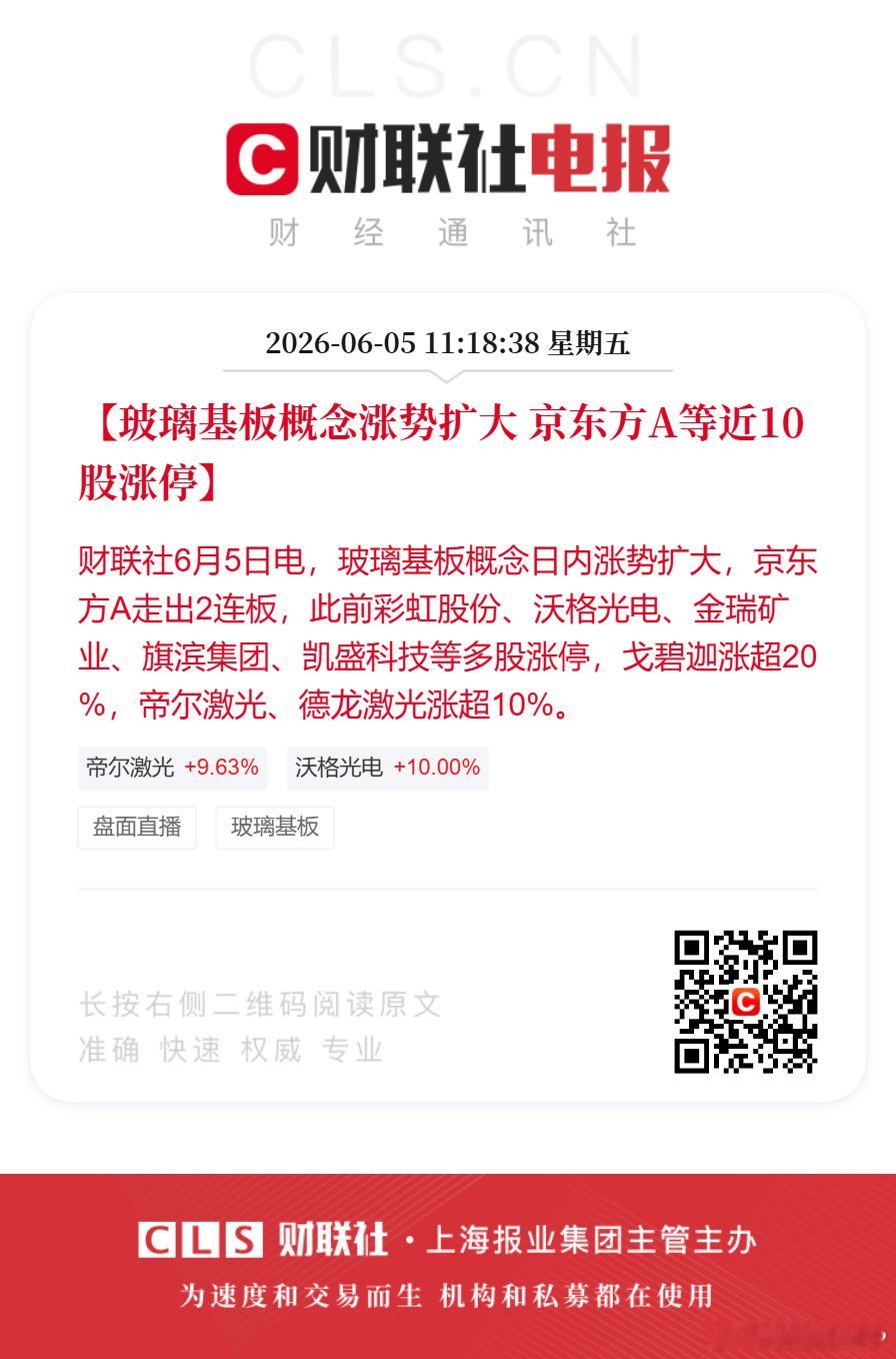 京东方A又涨停了【玻璃基板概念涨势扩大 京东方A等近10股涨停】财联社6月5日电