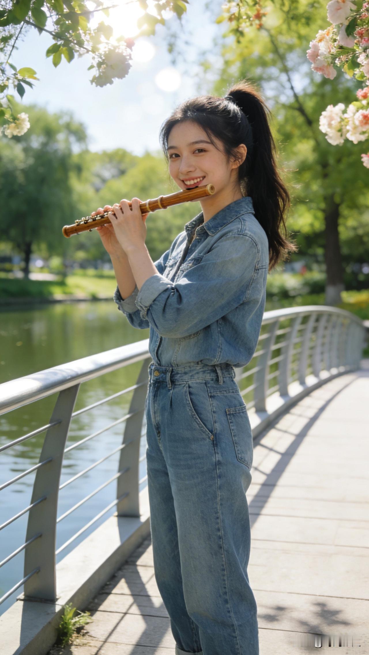 上联：短笛横吹过小桥
下联：闲云漫卷落清溪
 
站在小桥上吹短笛的瞬间，感觉整个