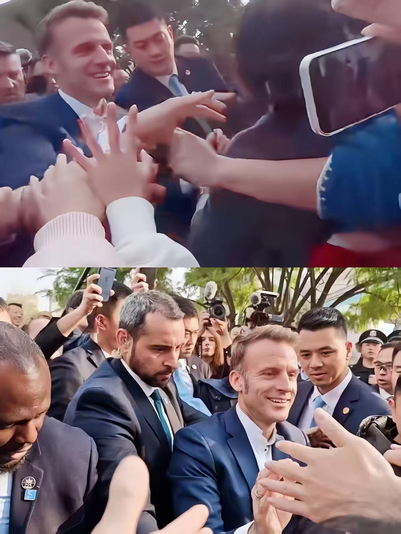 马克龙为什么笑得那么开朗？
好不容易不跟老婆挨一块，还能跟青春年华的少男少女扎堆