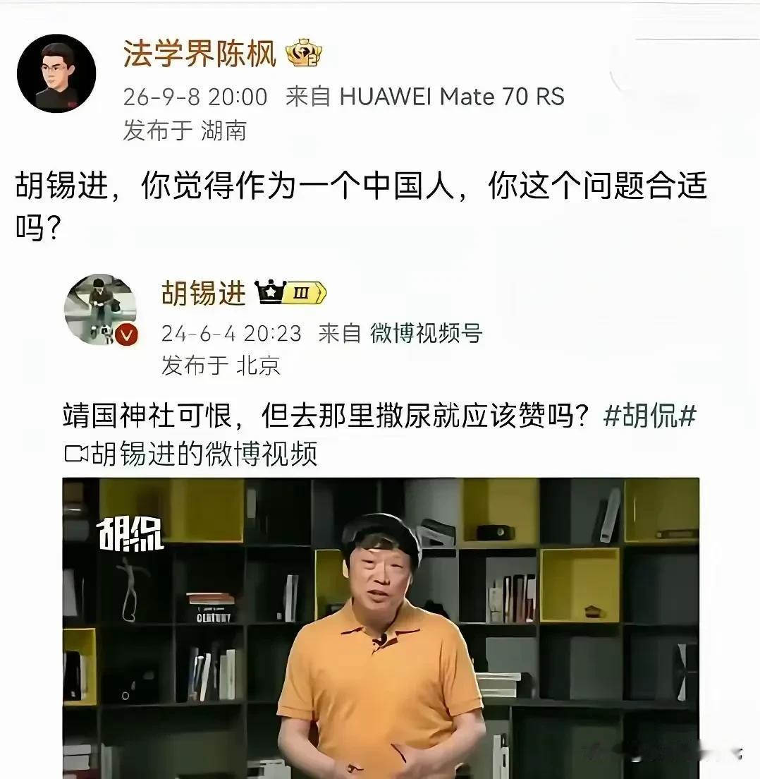 如果不是网友截屏留存，胡锡进两年前的这个微博已经看不到了。

陈枫教授的质疑没有