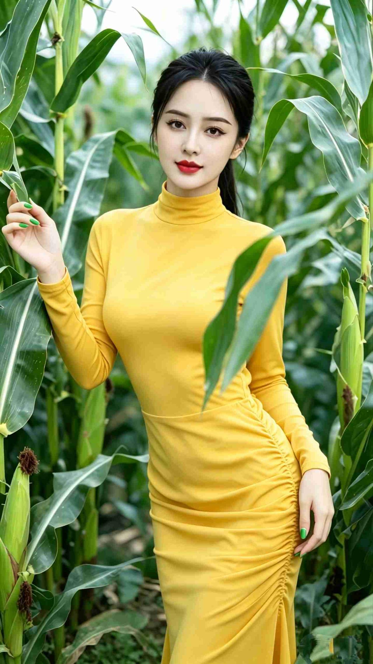 《青禾黄裙》
 
万顷青禾叠翠浪，长裙一染嫩姜黄。
高领轻收温婉骨，纤腰暗拢软云