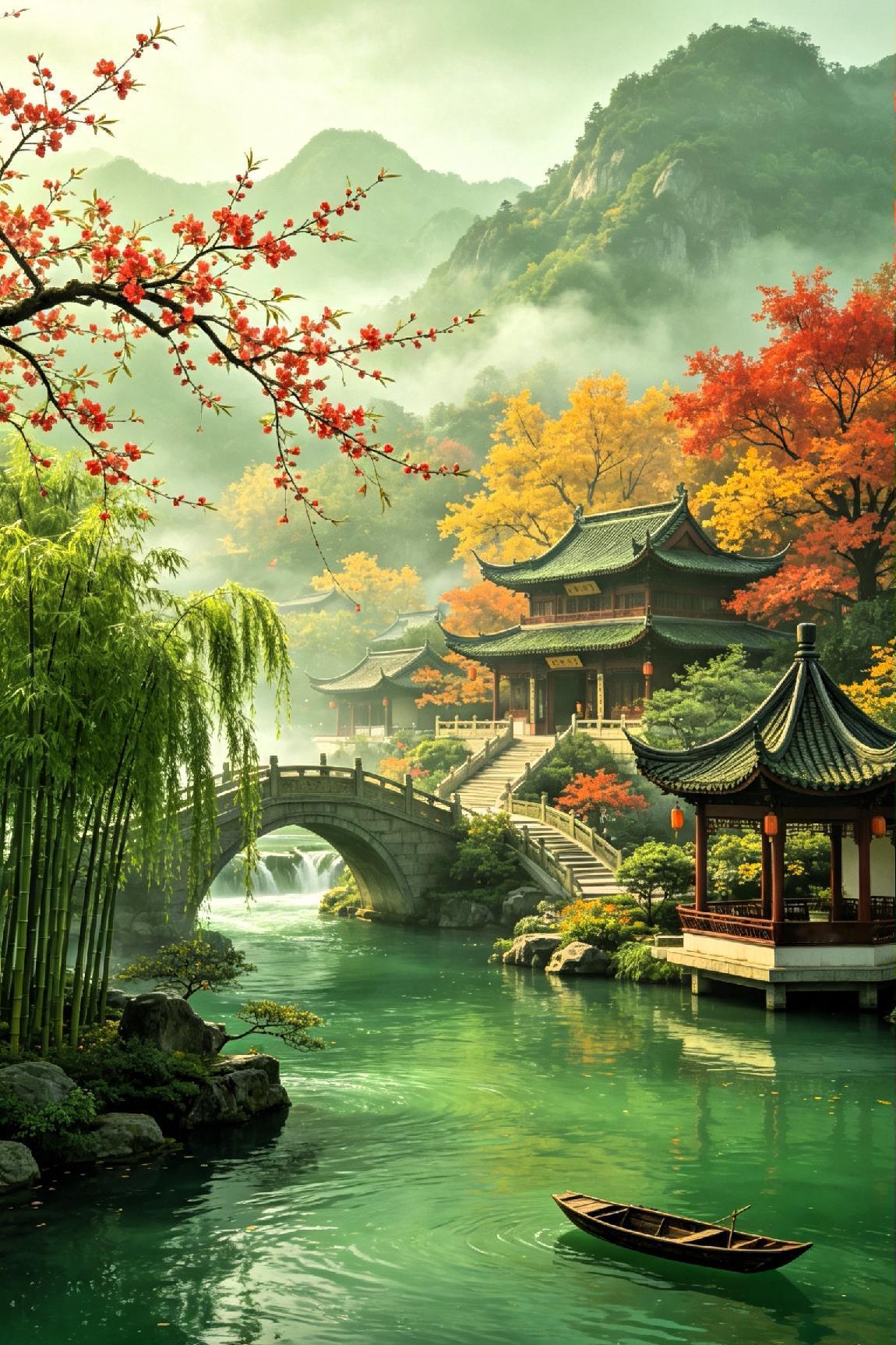 七律·江南秋景

 
烟锁平川黛岭悠，一川碧色漾轻舟。

竹横寒水清波绕，桥枕溪