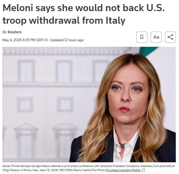 美军撤离威胁下，意大利总理急着表忠心？跟着默茨一起当起了跨大西洋“乖宝宝”。

