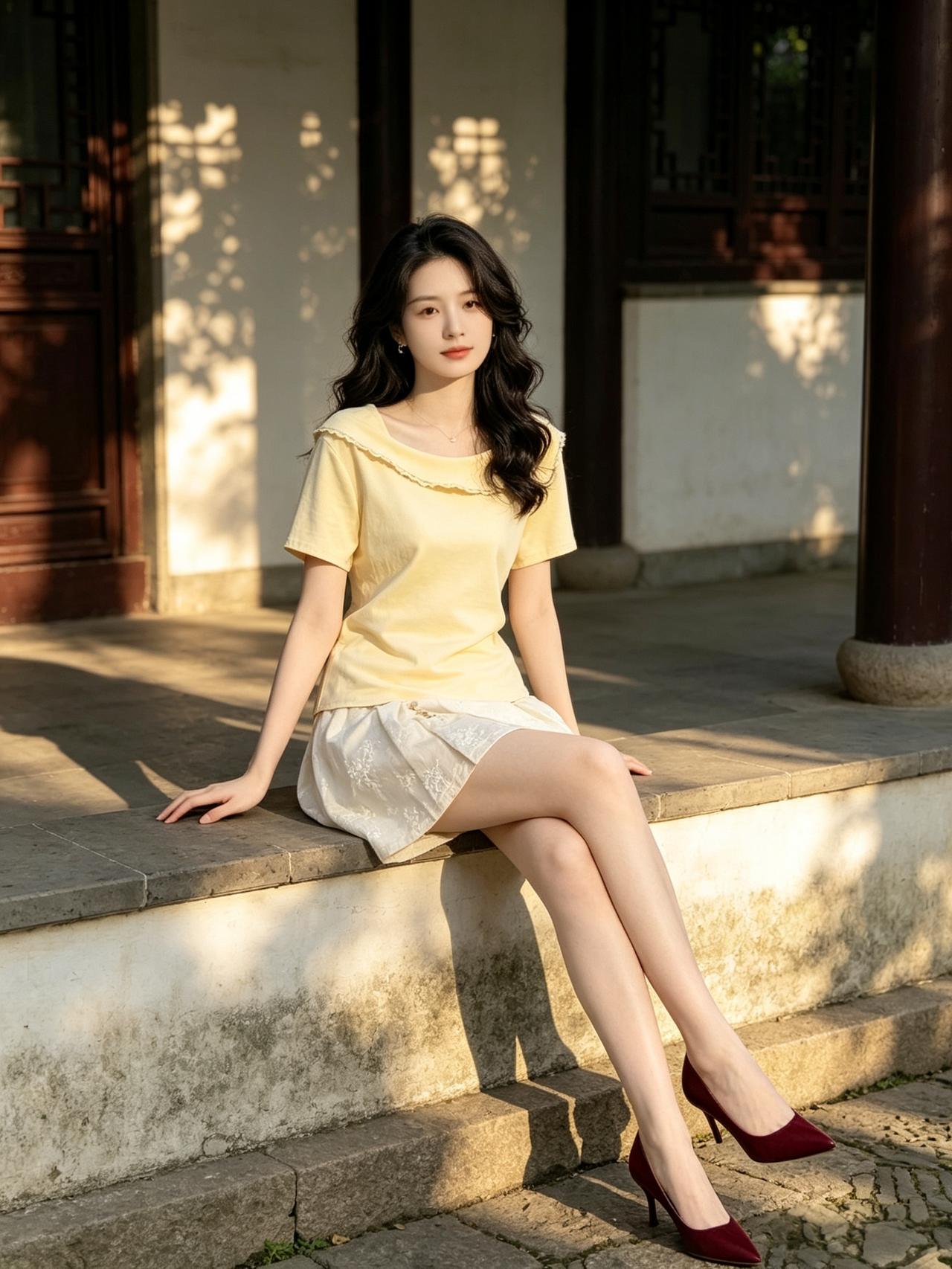 什么样的穿搭可以成为气质女神?阳光洒下斑驳树影，她身着鹅黄裙装静坐石阶。光影交错