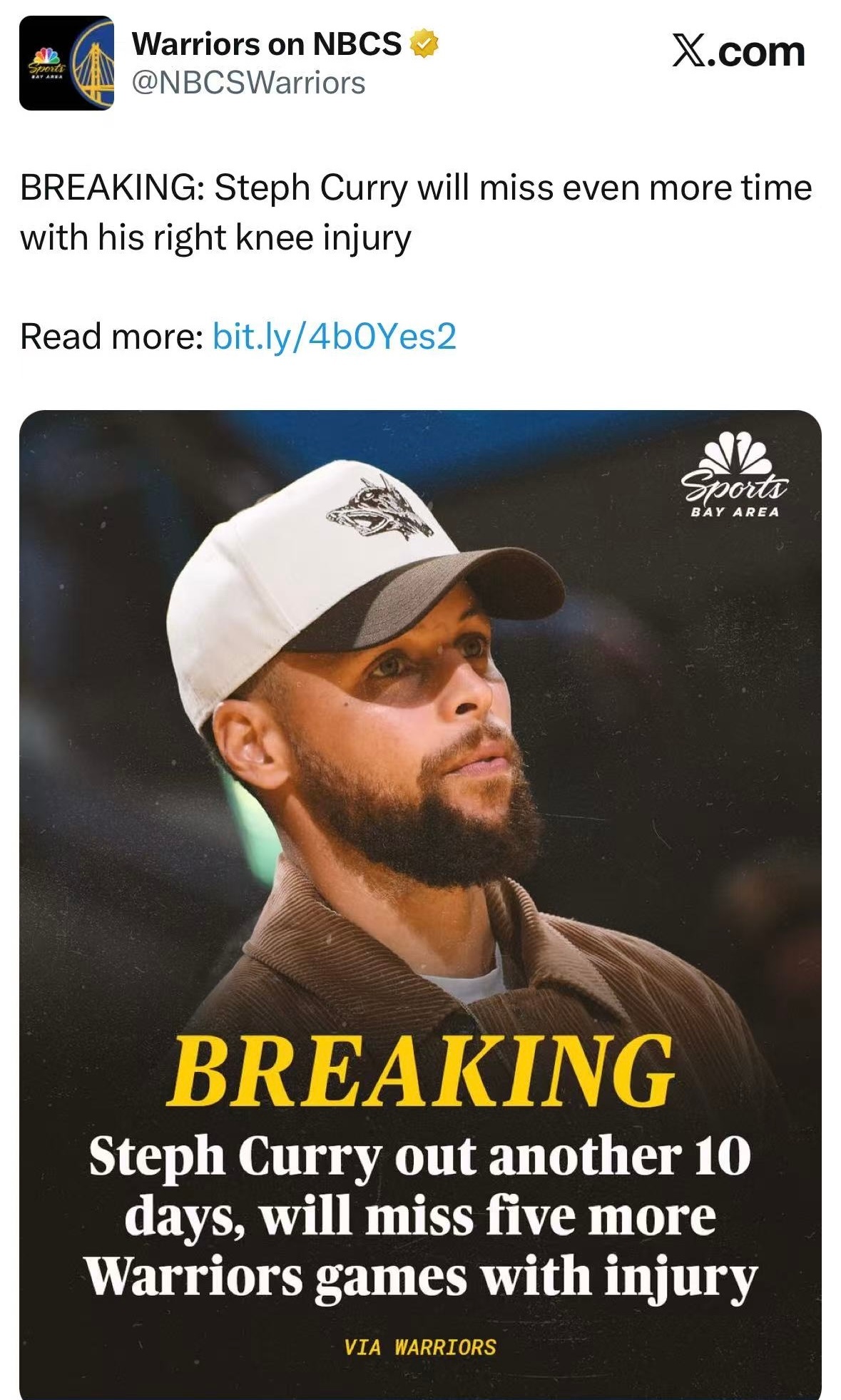 库里因右膝伤势将再休战10天，缺席勇士队5场比赛，此前已缺席10场！库里至少再缺