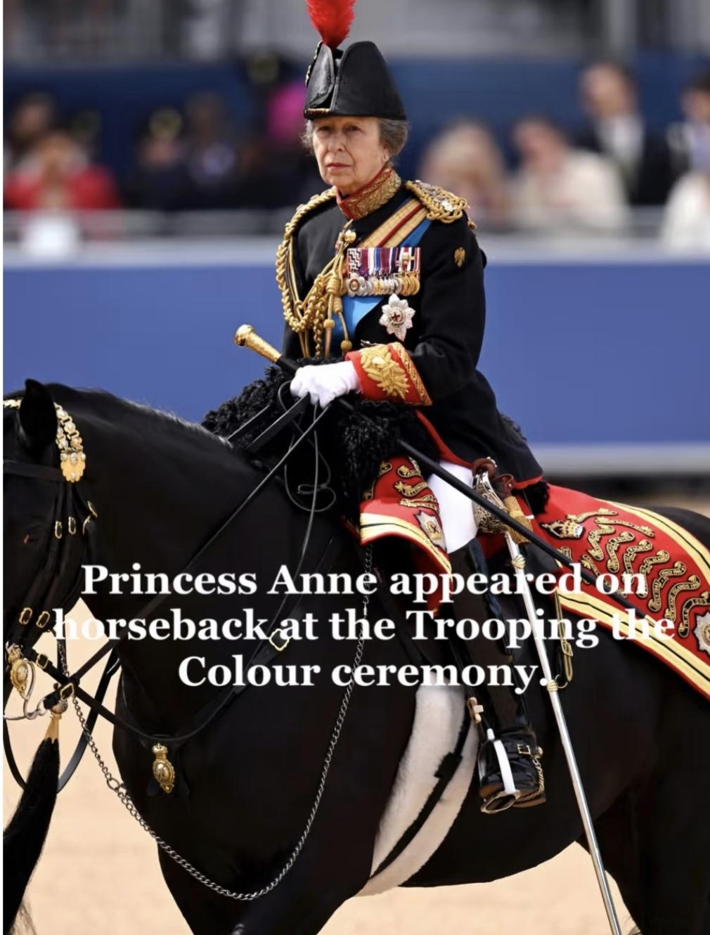 安妮长公主威武！英国王室阅兵式上，身着戎装的安妮公主亮相。英王室唯一身着戎装亮相