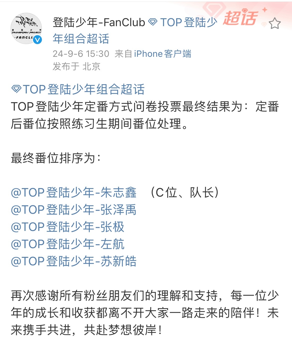 #登陆少年高会番位更新#TOP登陆少年最终番位顺序：朱志鑫（C位、队长）、张泽禹