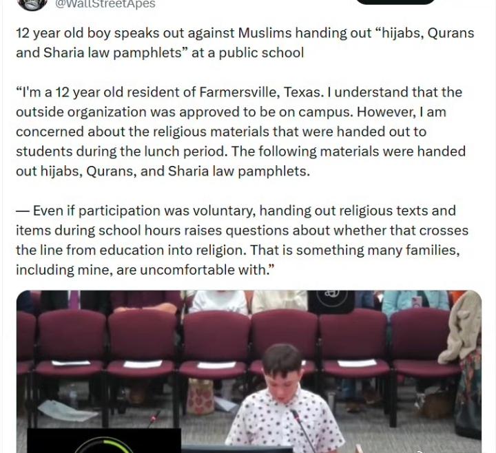 一名12岁男孩就穆斯林在公立学校发放“头巾、《古兰经》和伊斯兰教法宣传册”的行为