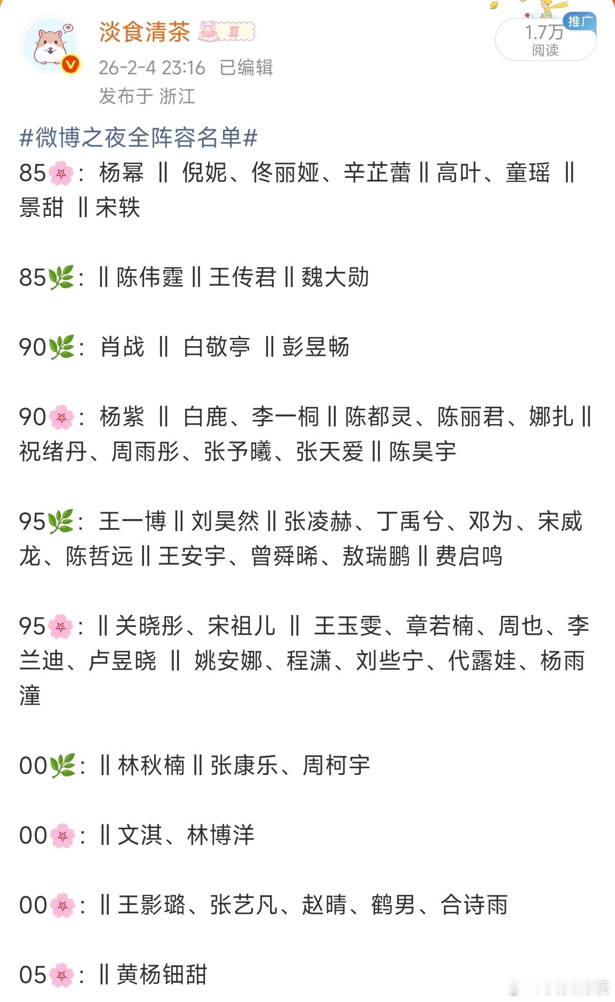 今年微博四大，你猜？我猜：王安宇、敖瑞鹏、张康乐、周柯宇    （宋威龙情况，和