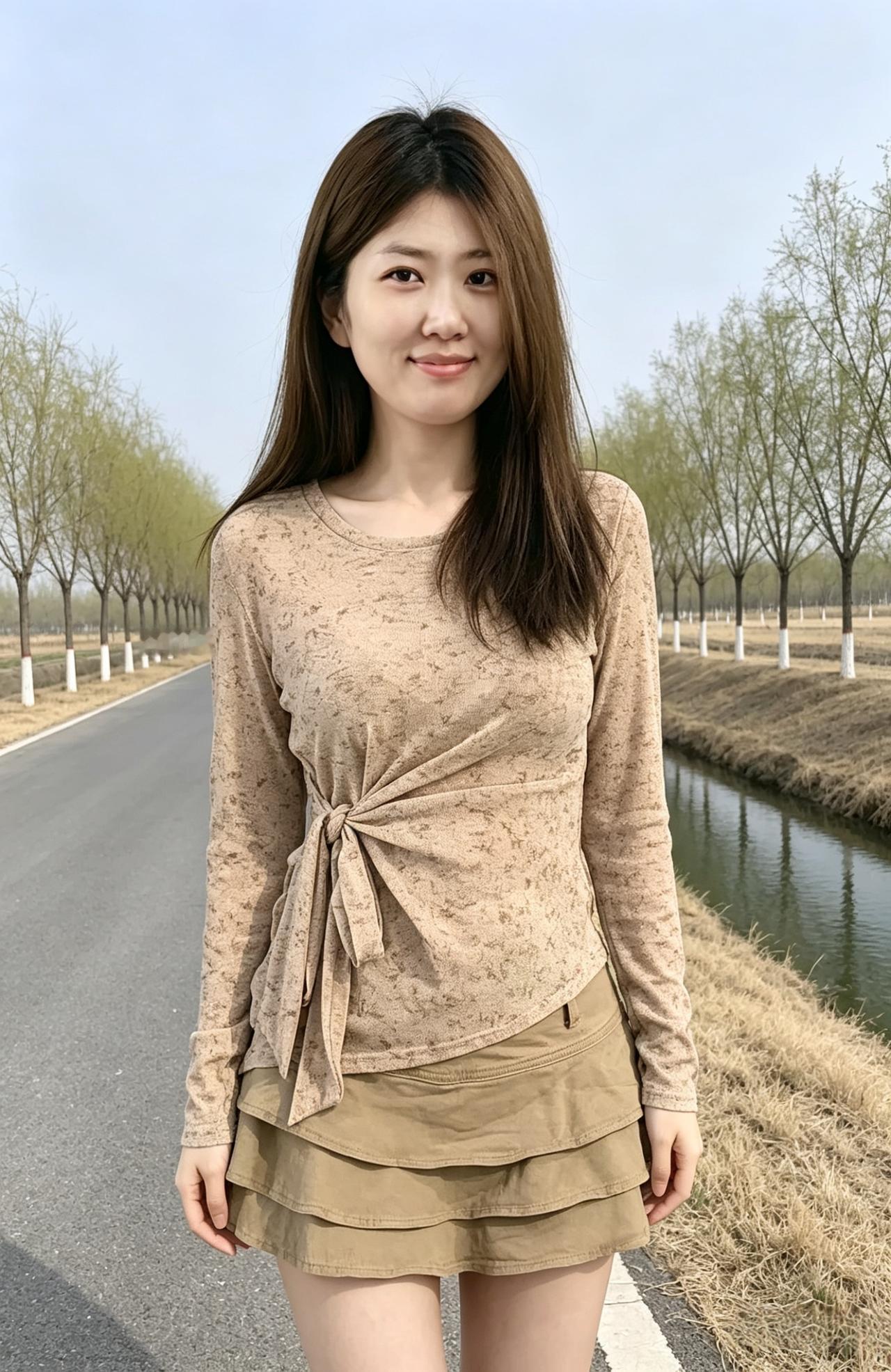 春岸立娉婷，浅棕染素形。
笑含花不语，清雅胜丹青。