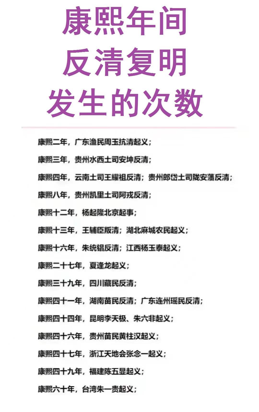很多人好奇：康熙年间的“反清复明”一共发生了多少次？如图所示，从康熙2年到康熙6