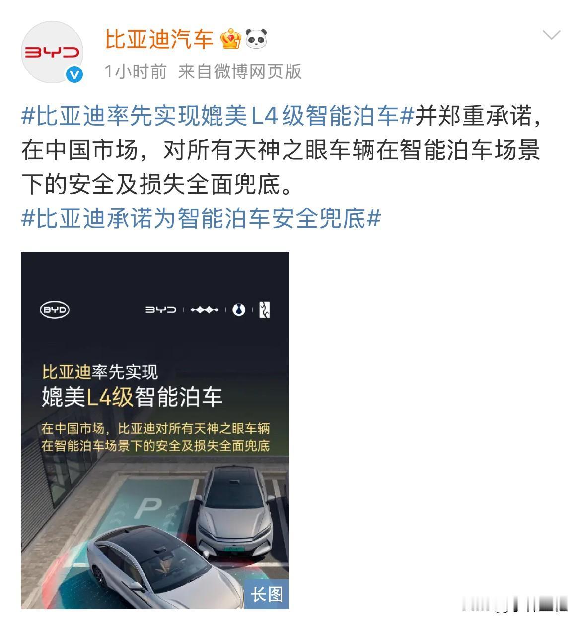 比亚迪品牌：“对所有天神之眼车辆智能泊车安全兜底！”
仰望品牌：“仰望汽车为全系