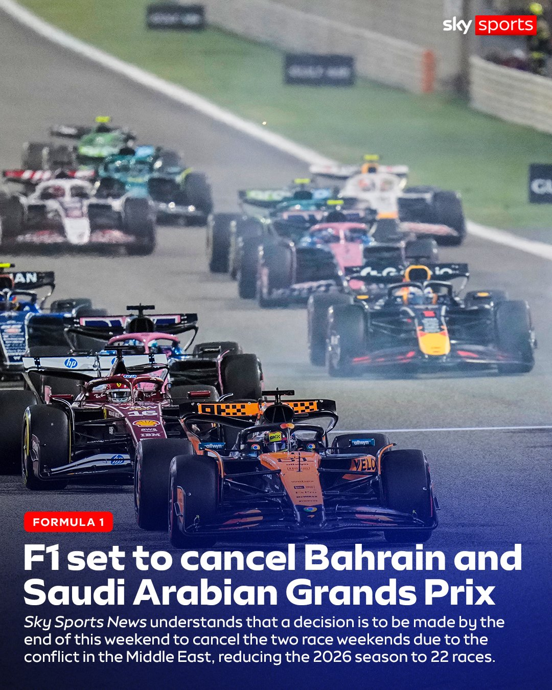 Sky：F1预计将在本周末宣布巴林和沙特大奖赛取消，无替代分站本赛季的F1将会只