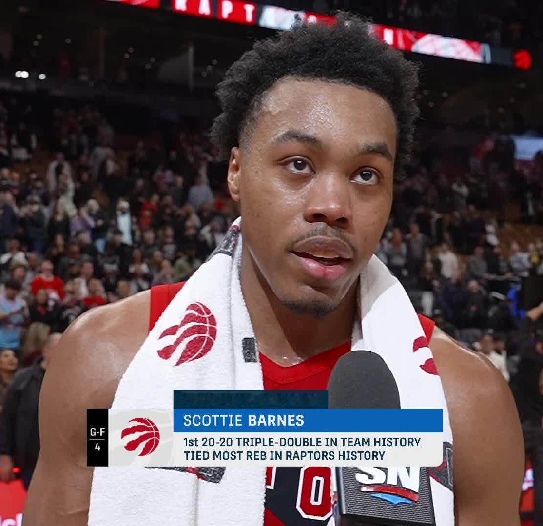 巴恩斯成为猛龙第一个拿到双20的三双的球员 