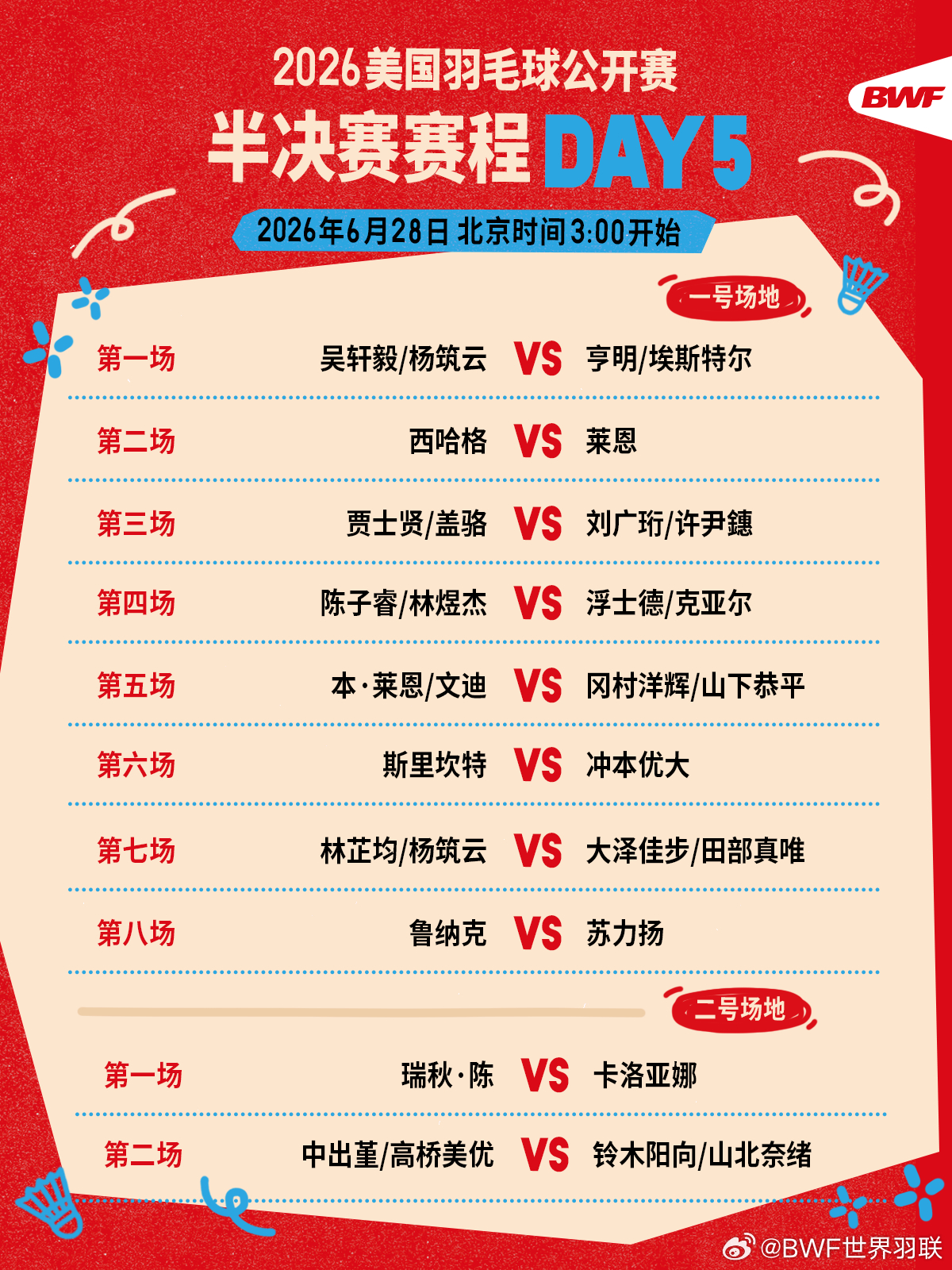 2026年美国羽毛球公开赛 半决赛赛程🔥第五日赛程 凌晨三点开打🏸焦点战👉