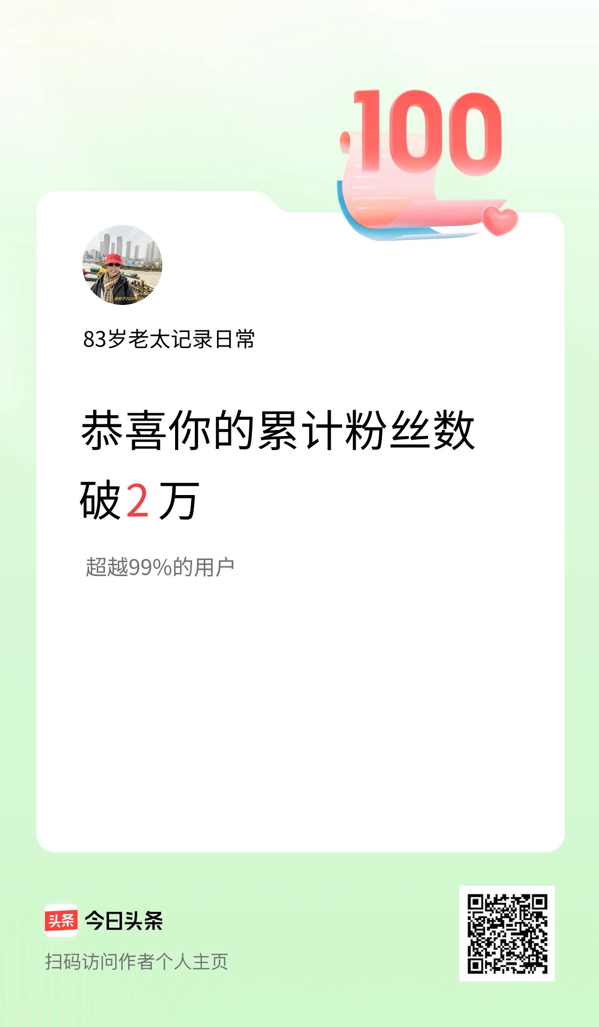 我在头条累计粉丝数破2万啦！