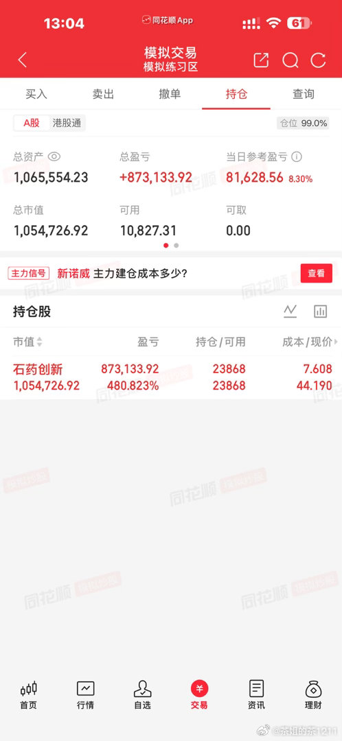 刚刚准备销掉一个不用的账户，结果打开一看里面的模拟账户，买的是石药创新，以前叫新