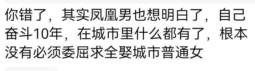凤凰男也想明白了，自己奋斗10年，在城市里什么都有了，根本没有必须委屈求全，娶城